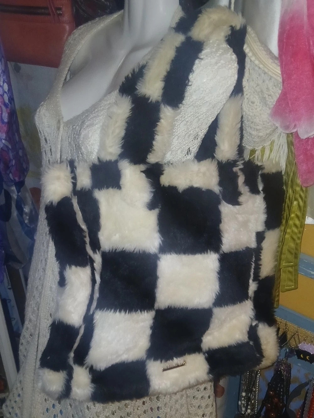 Madden Girl Checkered Faux-Fur Teddy Shoulder in Black & White